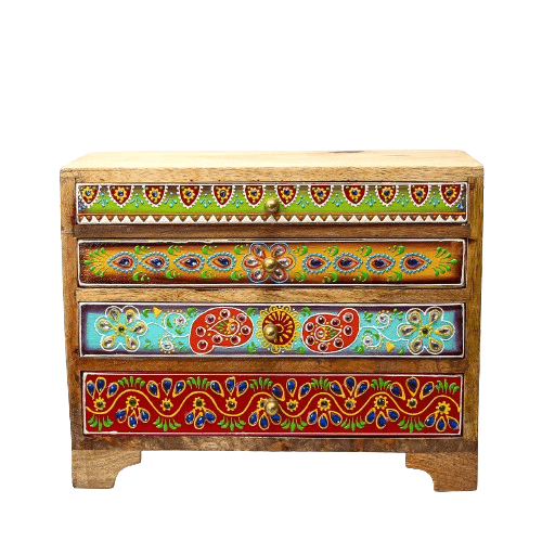 Wood to cart Hand-Painted Rajasthani Art Storage Box, Utility Chest Of 4 Drawers