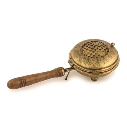CMH Brass Charcoal Incense Burner - Ideal for Loban, Sambrani Dhoop, Resin & Home Office Temple Prayer | Bakhoor Burner with Wooden Handle