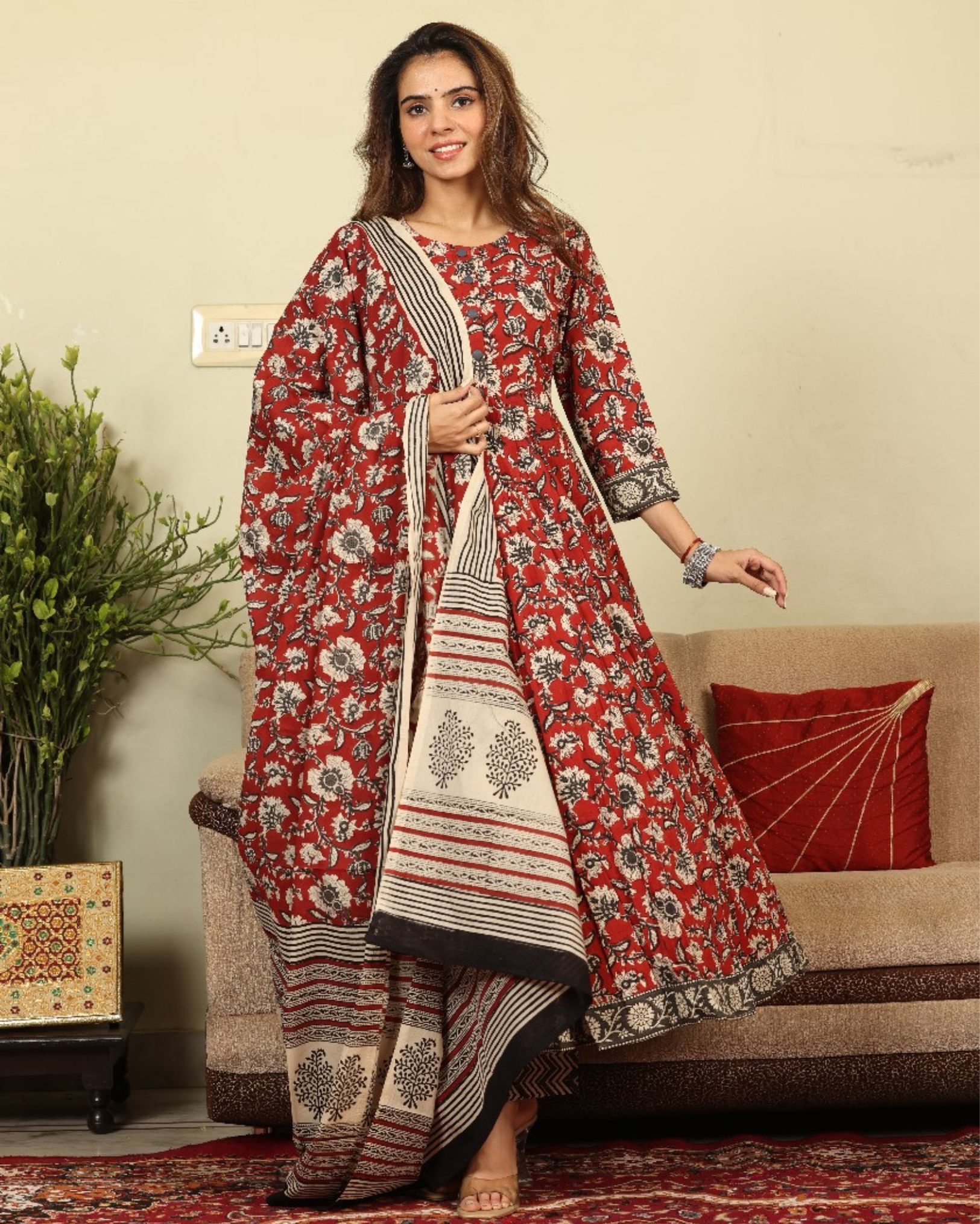 Anarakali Kurti Set Red Color Bagru Handblock print with Mulmul Dupatta-2815