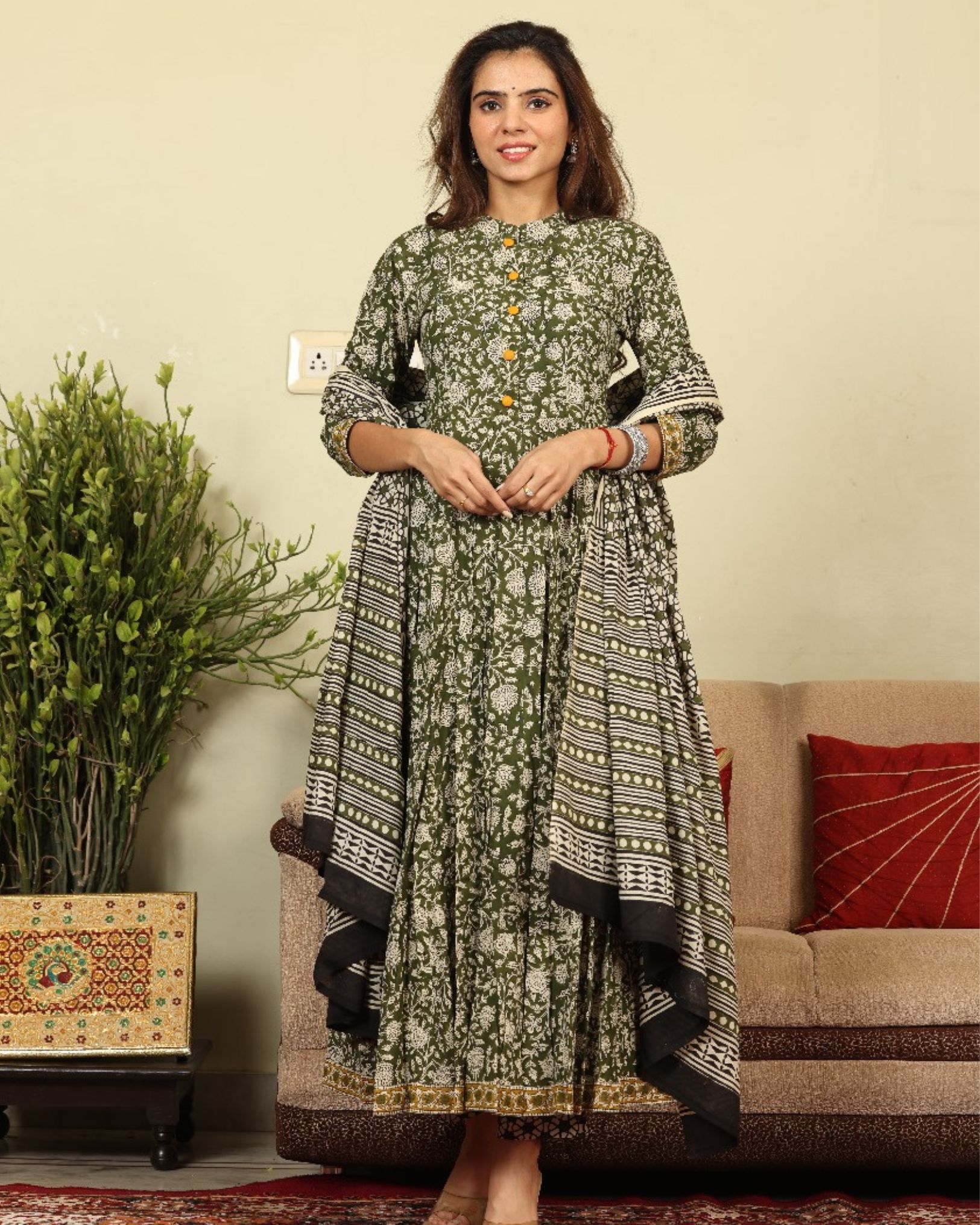 Anarakali Kurti Set Green Color Bagru Handblock print with Mulmul Dupatta-7495