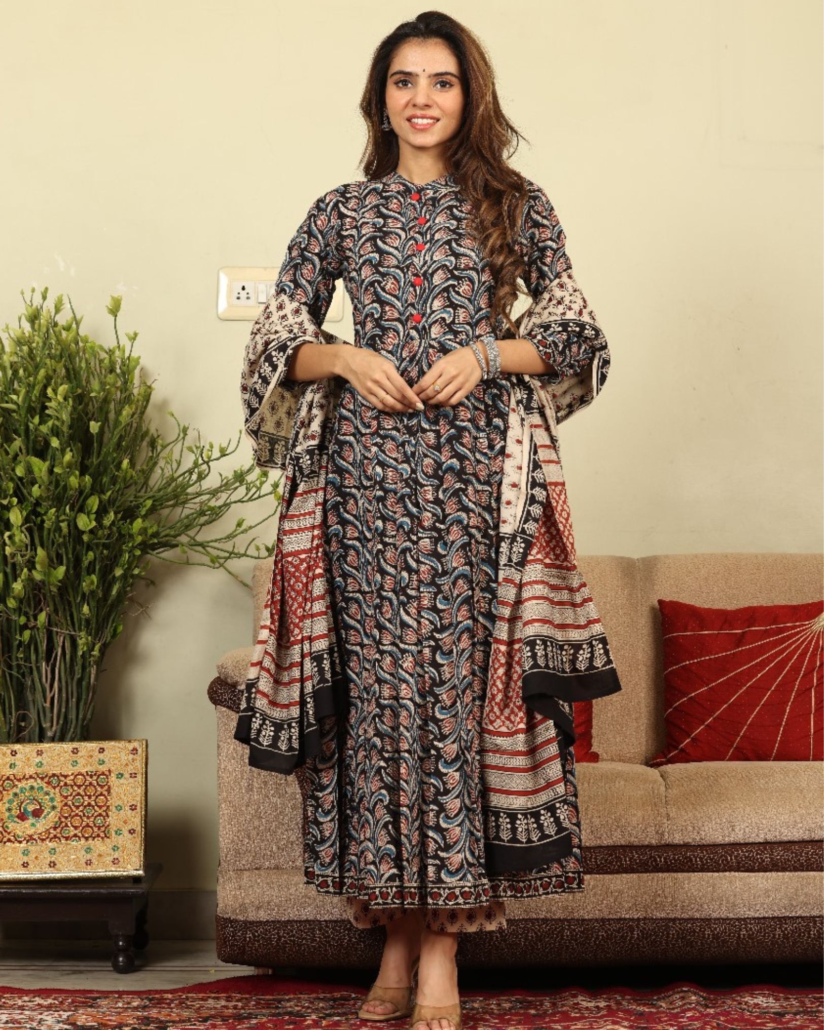 Anarakali Kurti Set Black Color Bagru Handblock print with Mulmul Dupatta-7134