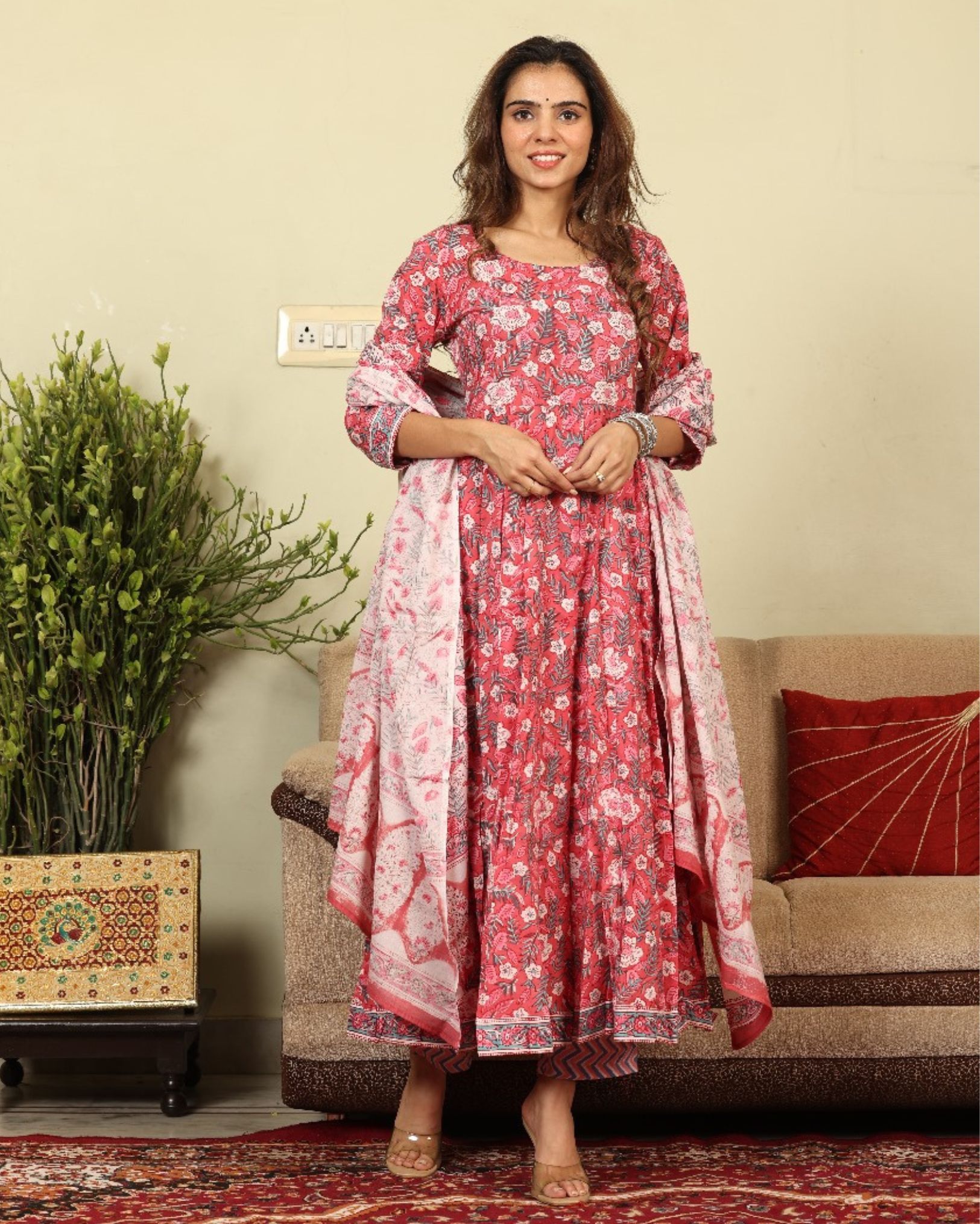Anarakali Kurti Set Pink Color Bagru Handblock print with Mulmul Dupatta-8097