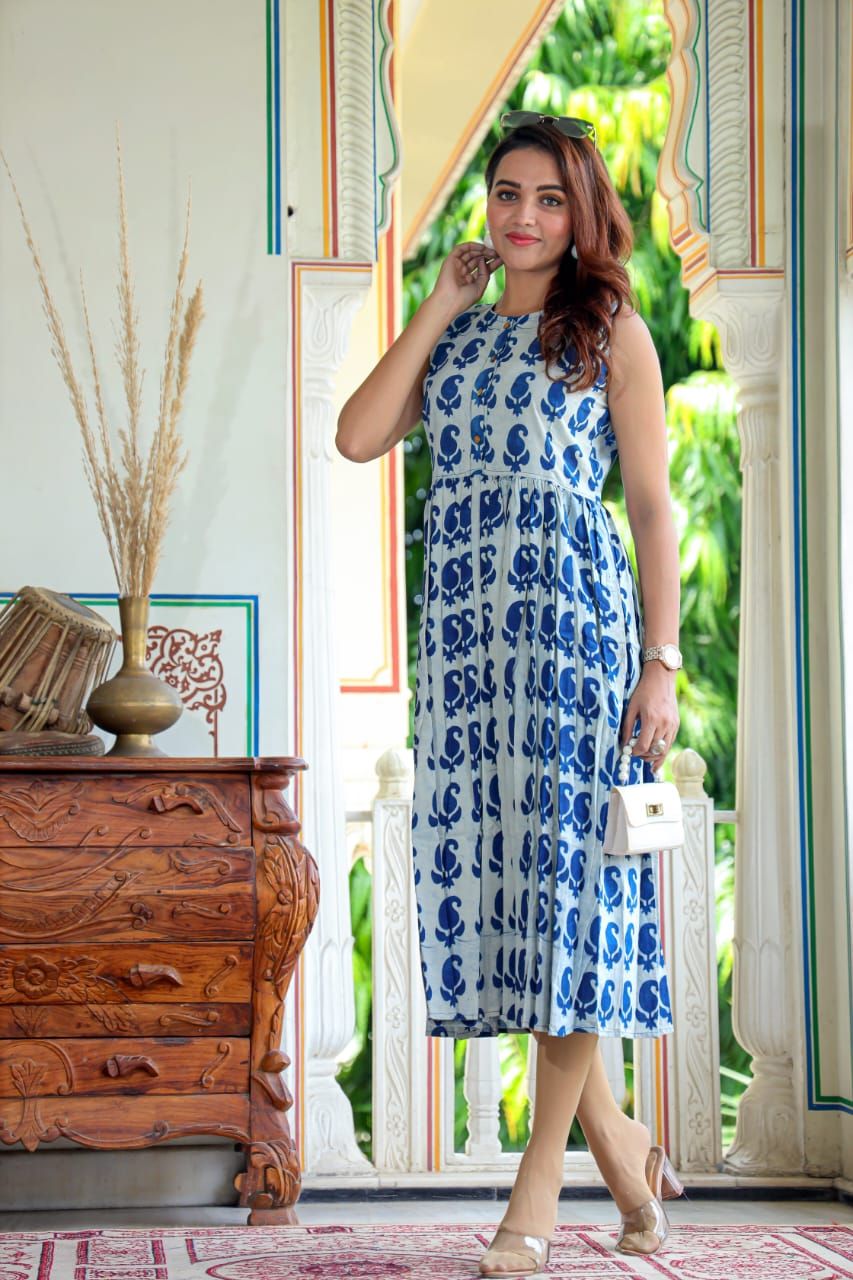 Pure Cotton (60*60) One Piece Dress Sleeveless Off White Color Handblock Printed (Size: S-XXXL, 34-44)-4224
