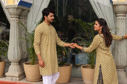 Handblock Printed Skirt and Kurti Set and Kurta Pyjama Combo (Size 38-46) Beige Color-1160