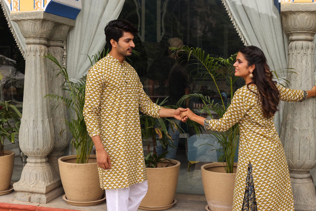 Handblock Printed Skirt and Kurti Set and Kurta Pyjama Combo (Size 38-46) Beige Color-1160