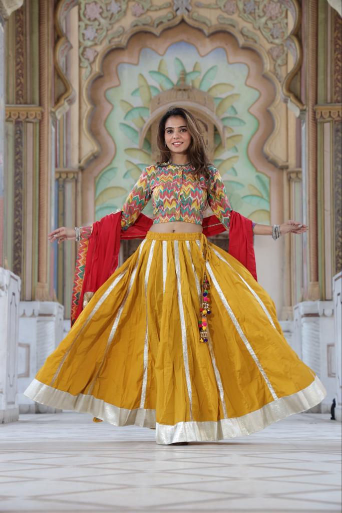 Handblock Printed Gota Patti Lehanga Choli with Mulmul Dupatta (Size: 38-46) Mustard Yellow Color-3958