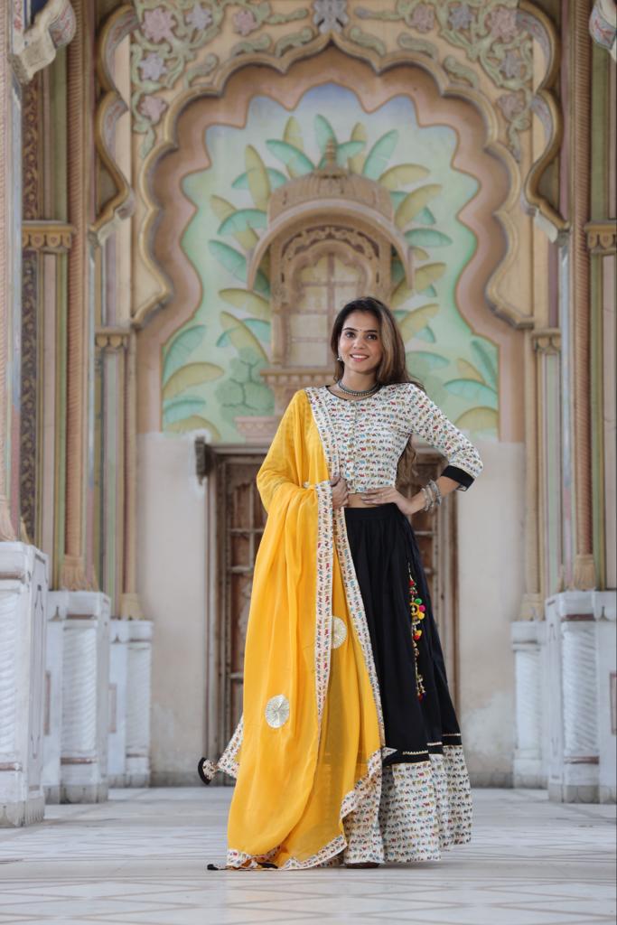 Handblock Printed Gota Patti Lehanga Choli with Mulmul Dupatta (Size: 38-46) Black & White Color-7708