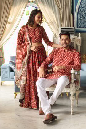 Handblock Printed Cotton Lehanga with Mulmul Dupatta and Kurta Pyjama Combo (Size: 32-46) Red Color-9474