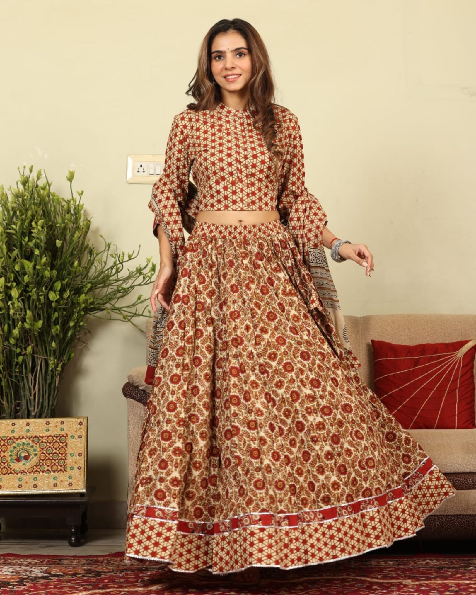 Handblock Printed Cotton Lehanga And Top With Mulmul Dupatta (Size 34-46) Cream Orange Color-7364