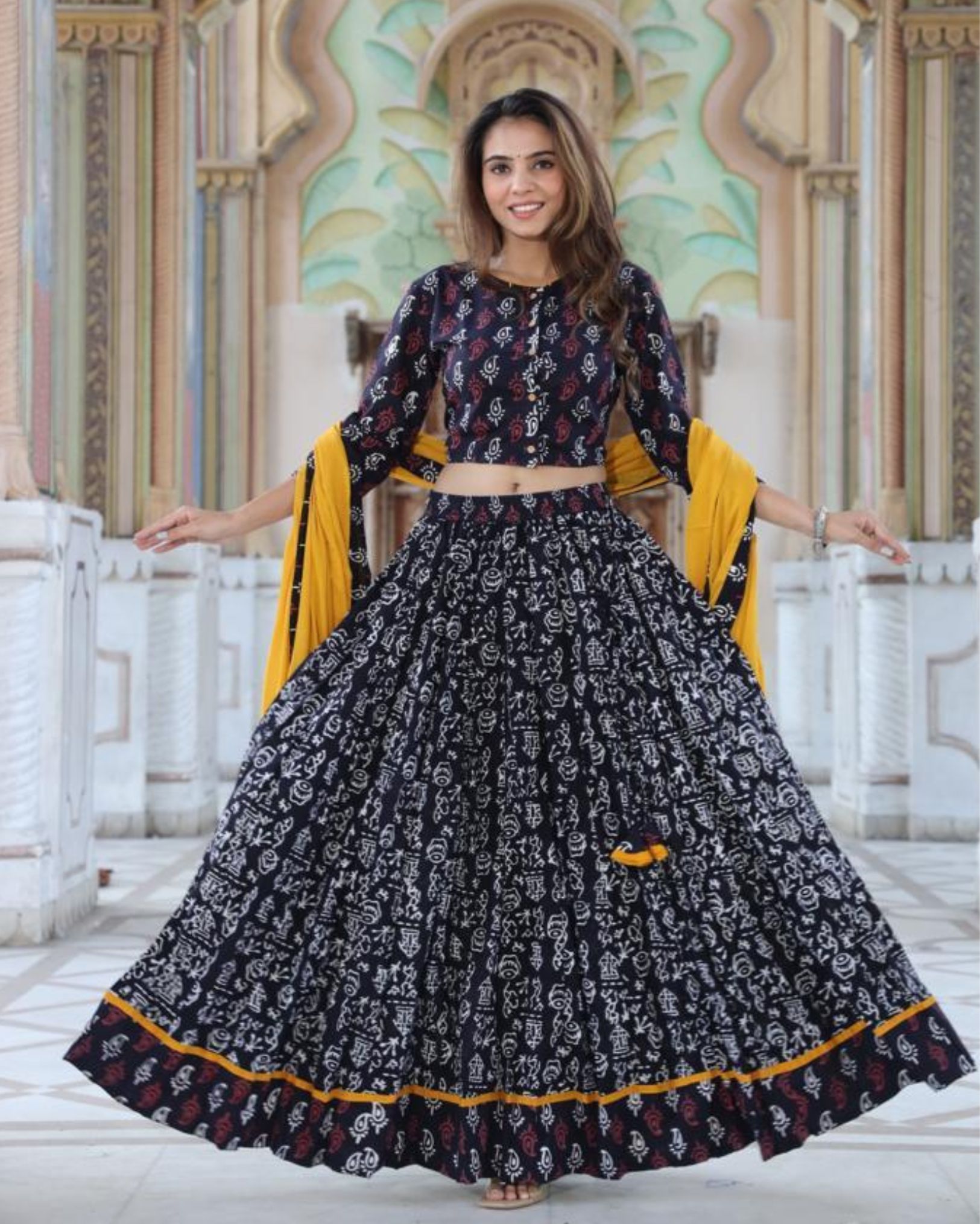 Handblock Printed Cotton Lehanga And Top With Mulmul Dupatta (Size 34-46) Black Color-3320