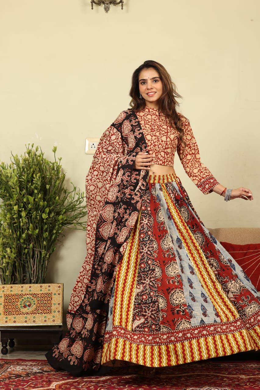 Handblock Printed Cotton Lehanga And Top With Mulmul Dupatta (Size: 34-46) Red Color-5093