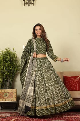 Handblock Printed Cotton Lehanga And Top With Mulmul Dupatta (Size: 34-46) Green Color-8557