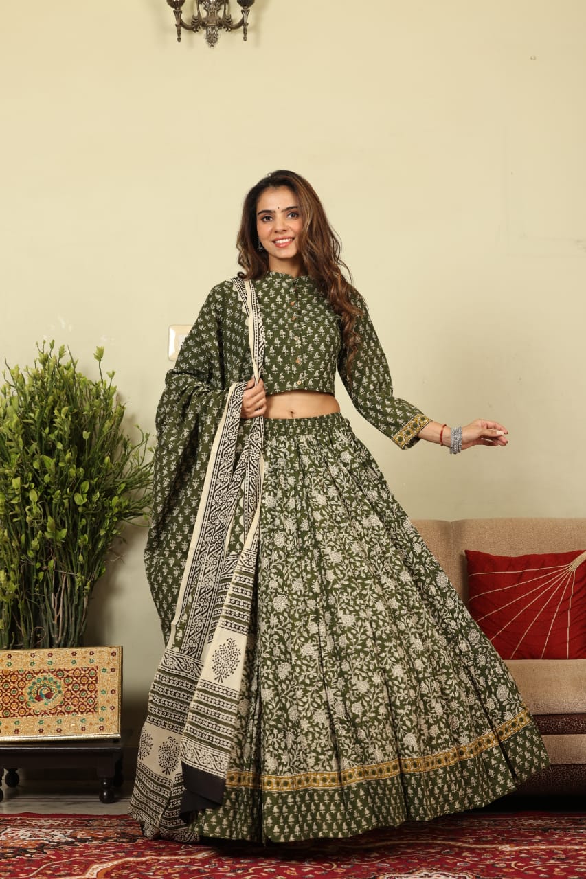 Handblock Printed Cotton Lehanga And Top With Mulmul Dupatta (Size: 34-46) Green Color-8557