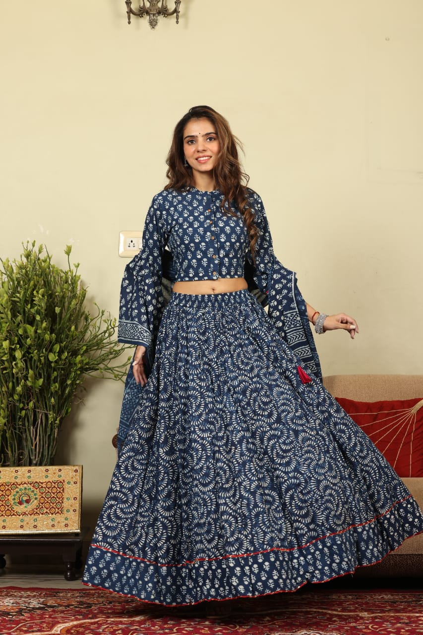 Handblock Printed Cotton Lehanga And Top With Mulmul Dupatta (Size: 34-46) Indigo Color-2066