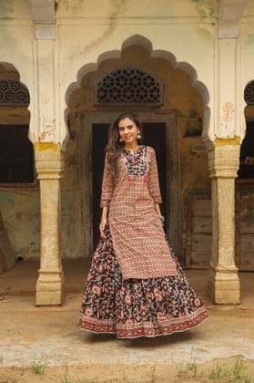 Cotton Skirt and Kurti Set (Size: 38-46) Beige Color Handblock Bagru Print-3404 Cotton Skirt and Kurti Set (Size: 38-46) Beige Color Handblock Bagru Print-3404