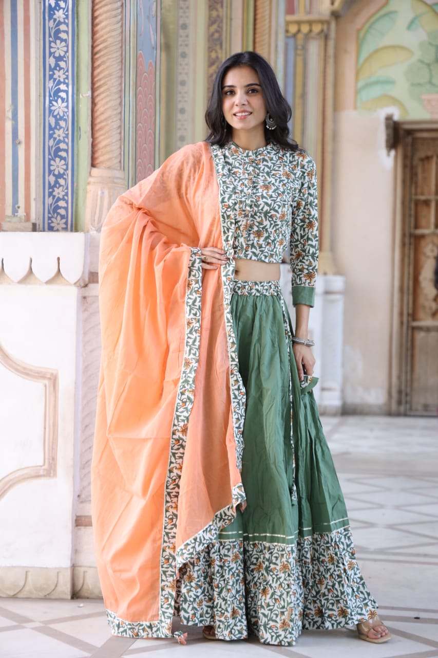 Cotton Lehanga Handblock Printed Winter Green Color and Top With Mulmul Dupatta (Size 34-46)-9463