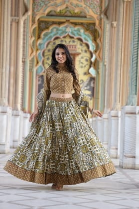 Cotton Lehanga Handblock Printed Dirt Brown Color and Top With Mulmul Dupatta (Size 34-46)-6560