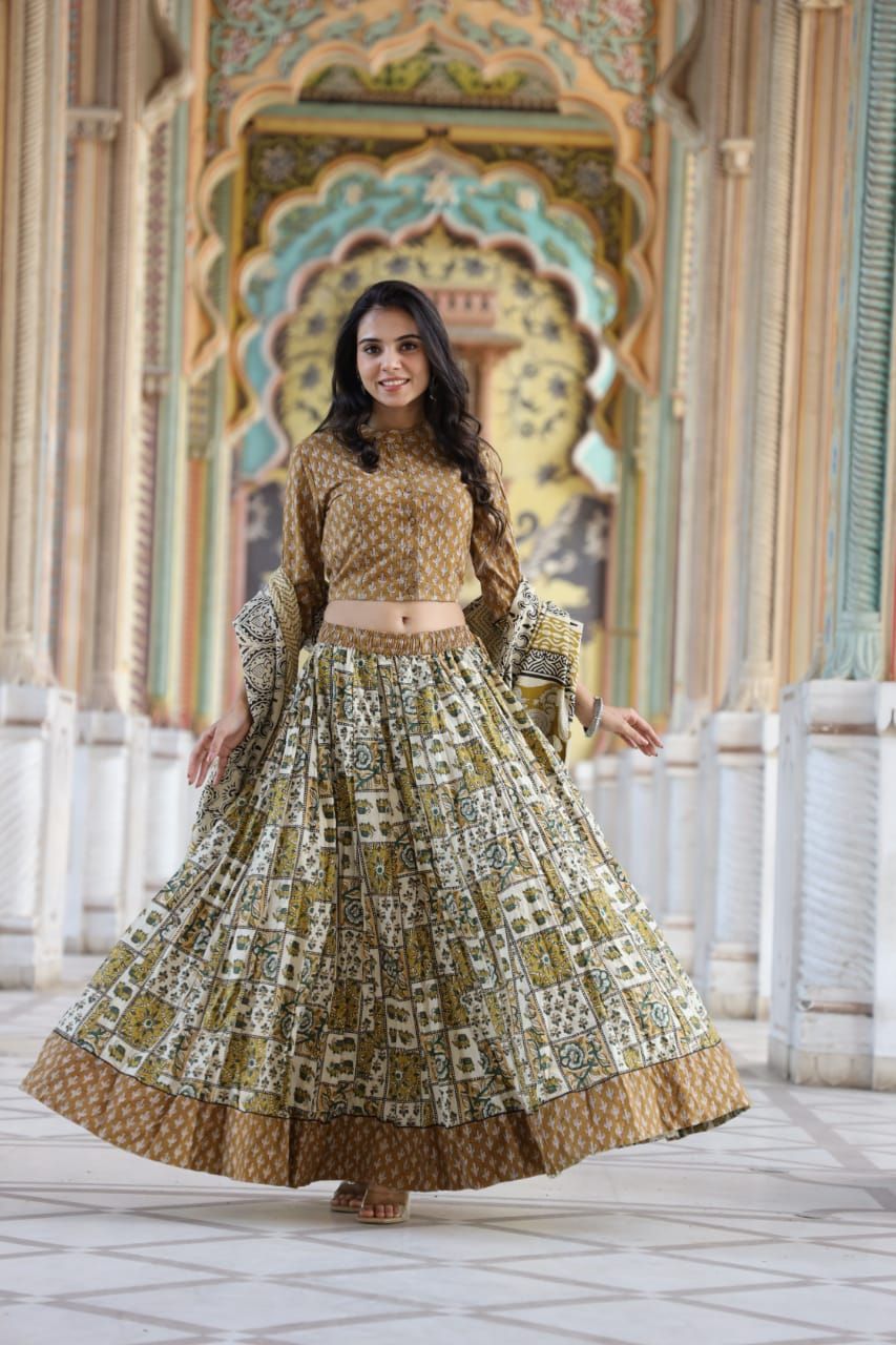 Cotton Lehanga Handblock Printed Dirt Brown Color and Top With Mulmul Dupatta (Size 34-46)-6560