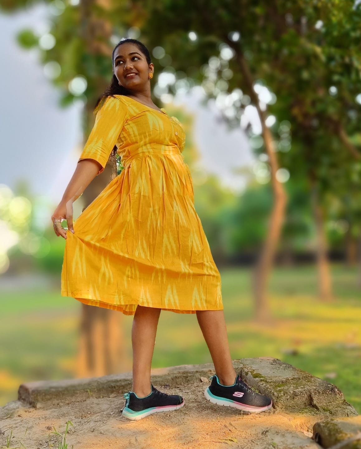 Pure Cotton Ikkat Dress Buddha Gold Yellow (Size XXS(32) to Plus Size(56))-5851
