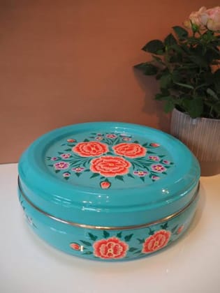 Rajasthani Handpainted Stainless Steel Green Masala Box-5213 Rajasthani Handpainted Stainless Steel Green Masala Box-5213