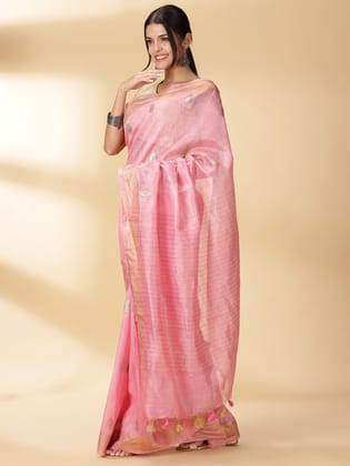 Silk Linen Banrasi Brocade Weaving Handloom Pink Saree With Blouse-2195 Silk Linen Banrasi Brocade Weaving Handloom Pink Saree With Blouse-2195