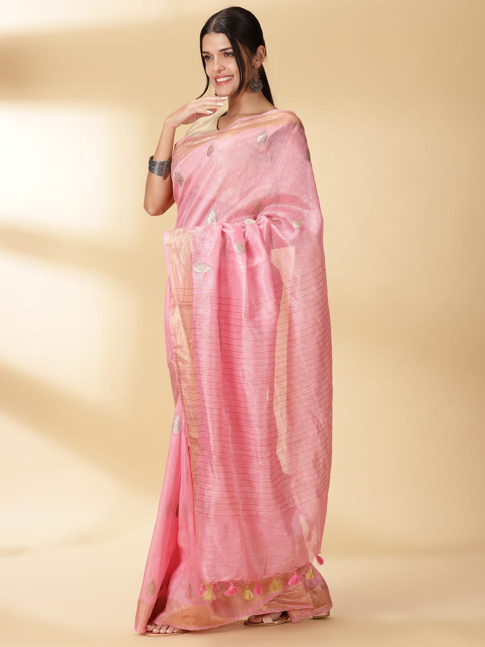Silk Linen Banrasi Brocade Weaving Handloom Pink Saree With Blouse-2195