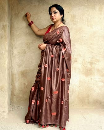 Silkmark Certified Pure Tussar Silk Embroidered Saree Coffee Brown Color with Embroidery Color Blouse (Tussar by Tussar)-7924 Silkmark Certified Pure Tussar Silk Embroidered Saree Coffee Brown Color with Embroidery Color Blouse (Tussar by Tussar)-7924