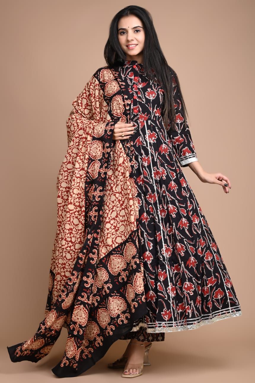 Anarkali Kurti Set Bagru Dabu HandBlock Print Melanzane Violet Color with natural dye and Mulmul Dupatta(Size: 34-48)-8415