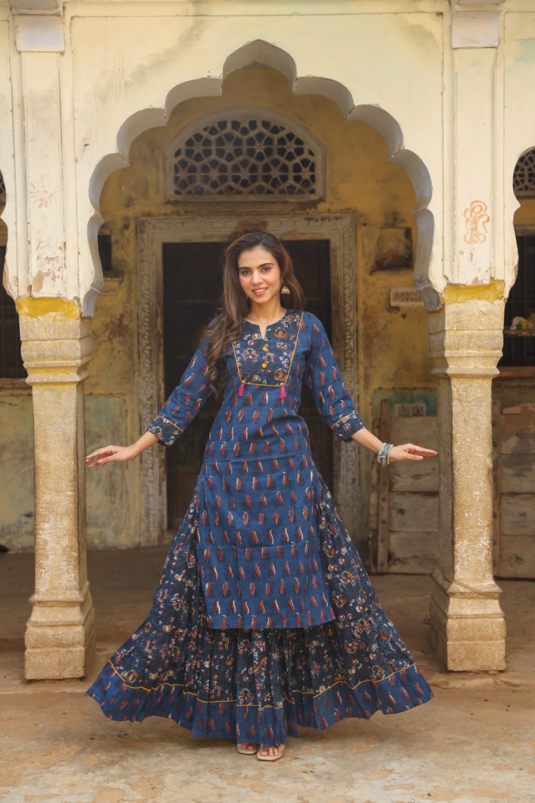 Cotton Skirt and Kurti Set (Size: 38-46) Blue Color Handblock Bagru Print-8972
