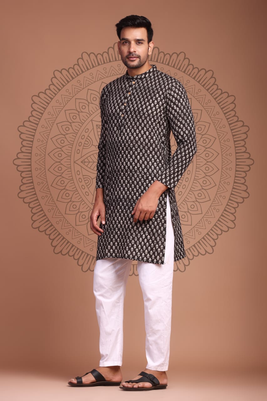 Cotton Designer Men'S Kurta Bagru Printed Hand Printed Brown Color (Size: 38-44)-7895