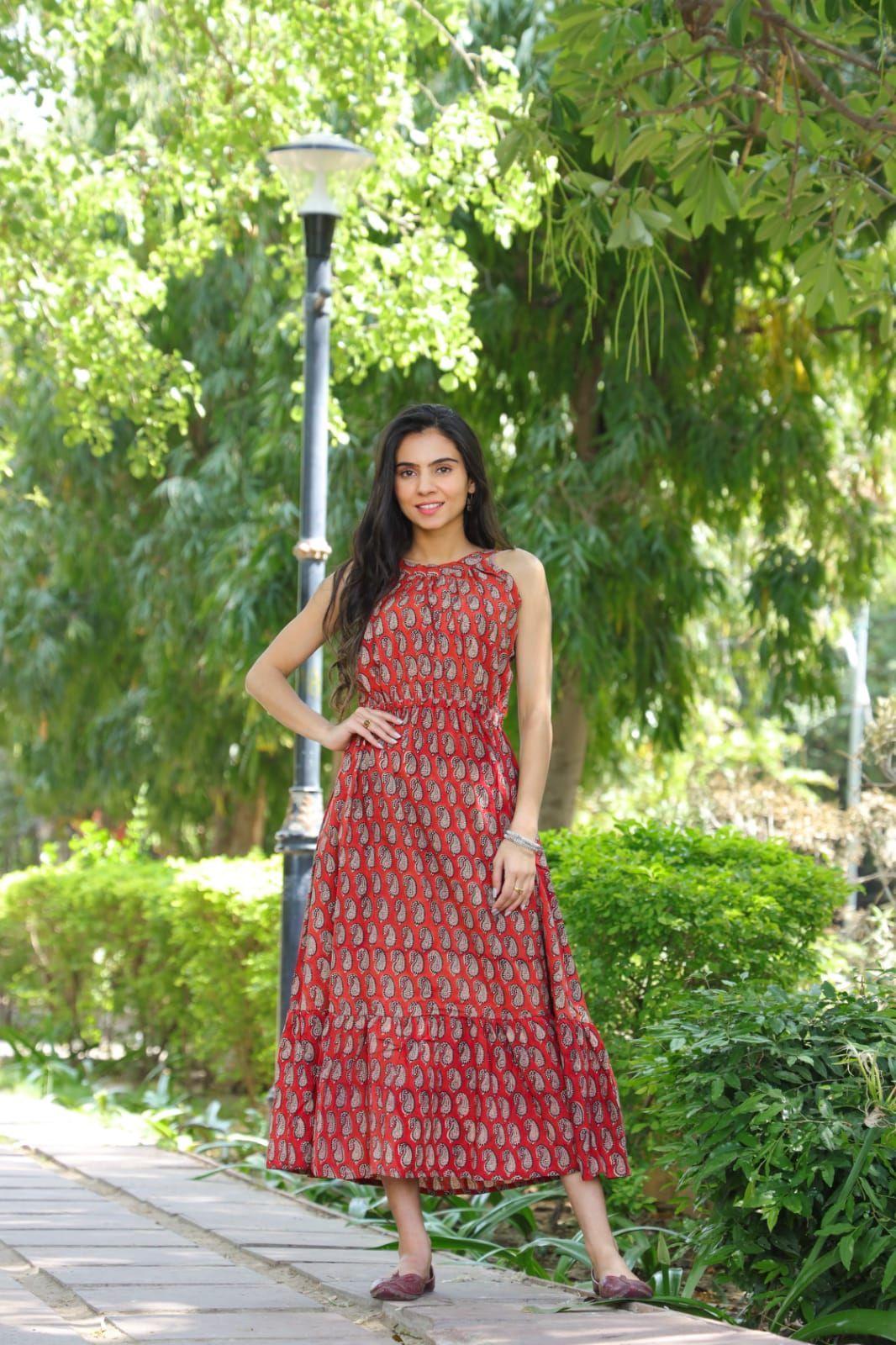 Pure Cotton Halter Neck Midi Red Dress Hand Block Printed (Size: 38-46)-4995