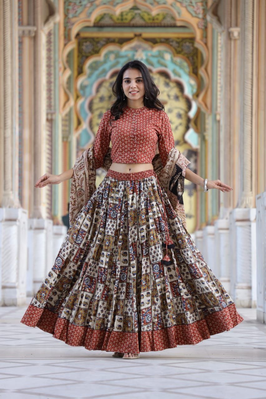 Cotton Lehanga Handblock Printed Crail Red Color and Top With Mulmul Dupatta (Size 34-46)-2212