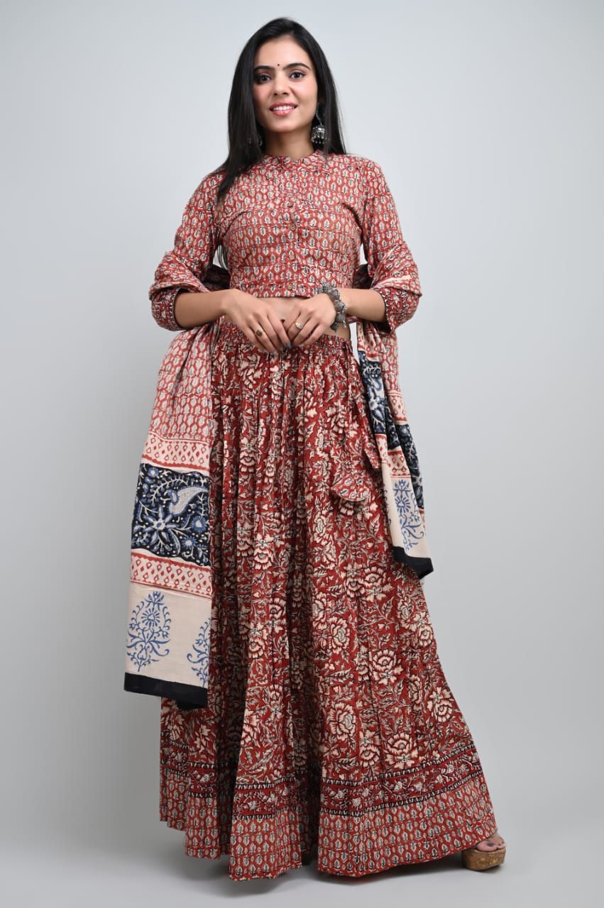 Cotton Lehanga Handblock Printed Medium Carmine Red Color and Top With Mulmul Dupatta (Size 34-46)-6122
