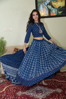 Cotton Lehanga Handblock Printed Space Cadet Blue Color and Top With Mulmul Dupatta (Size 34-46)-5089