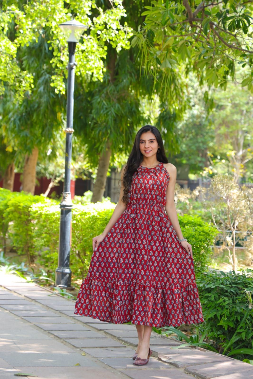 Pure Cotton Halter Neck Midi Red Dress Hand Block Printed (Size: 38-46)-5771