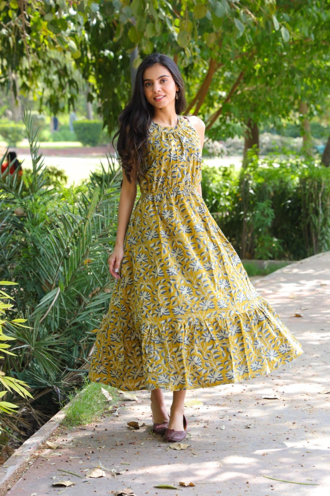 Pure Cotton Halter Neck Midi Green Dress Hand Block Printed (Size: 38-46)-6018