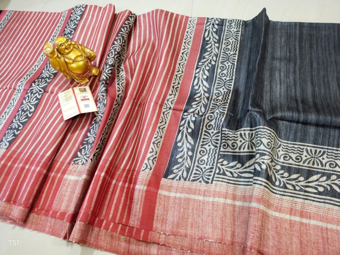 Silkmark Certified Tussar Silk Handloom Handblock Printed Black and Red Saree with Blouse-5813