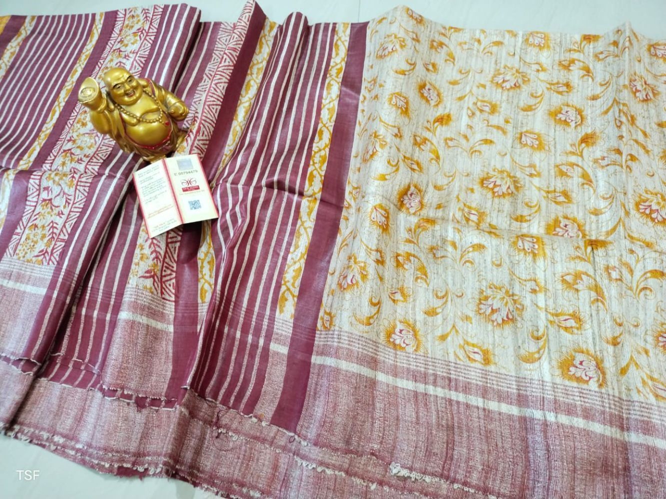 Silkmark Certified Tussar Silk Handloom Handblock Printed Yellow Saree with Blouse-9295