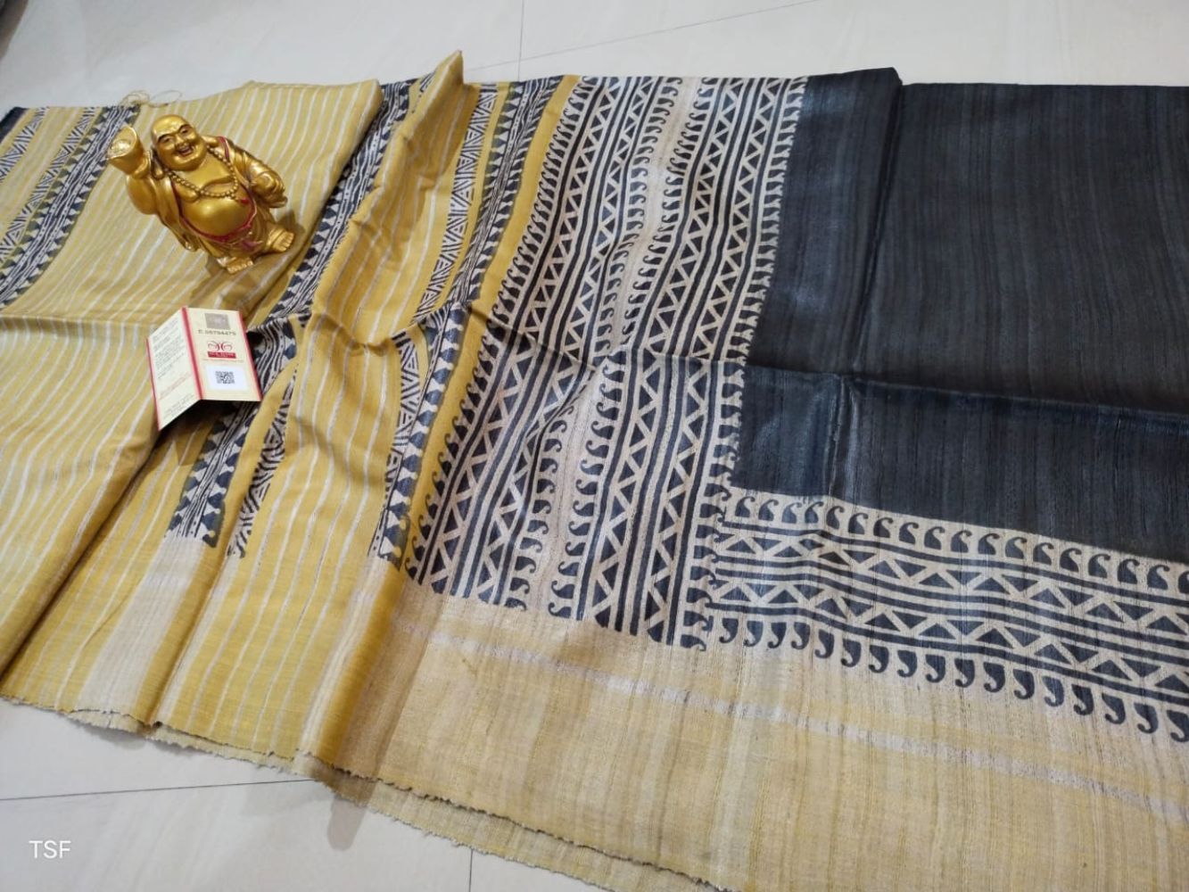 Silkmark Certified Tussar Silk Handloom Handblock Printed Black and Yellow Saree with Blouse-5556