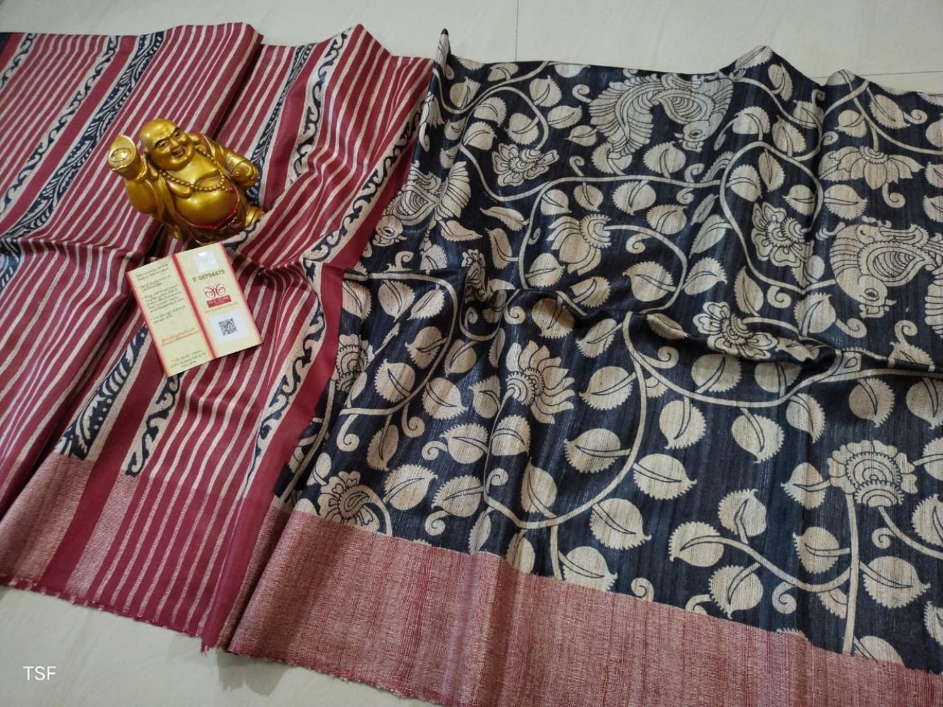 Silkmark Certified Tussar Silk Handloom Handblock Printed Black and Maroon Saree with Blouse-5106