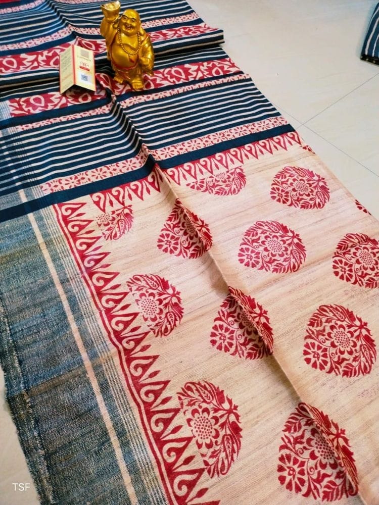 Silkmark Certified Tussar Silk Handloom Handblock Printed Red and Blue Saree with Blouse-6295