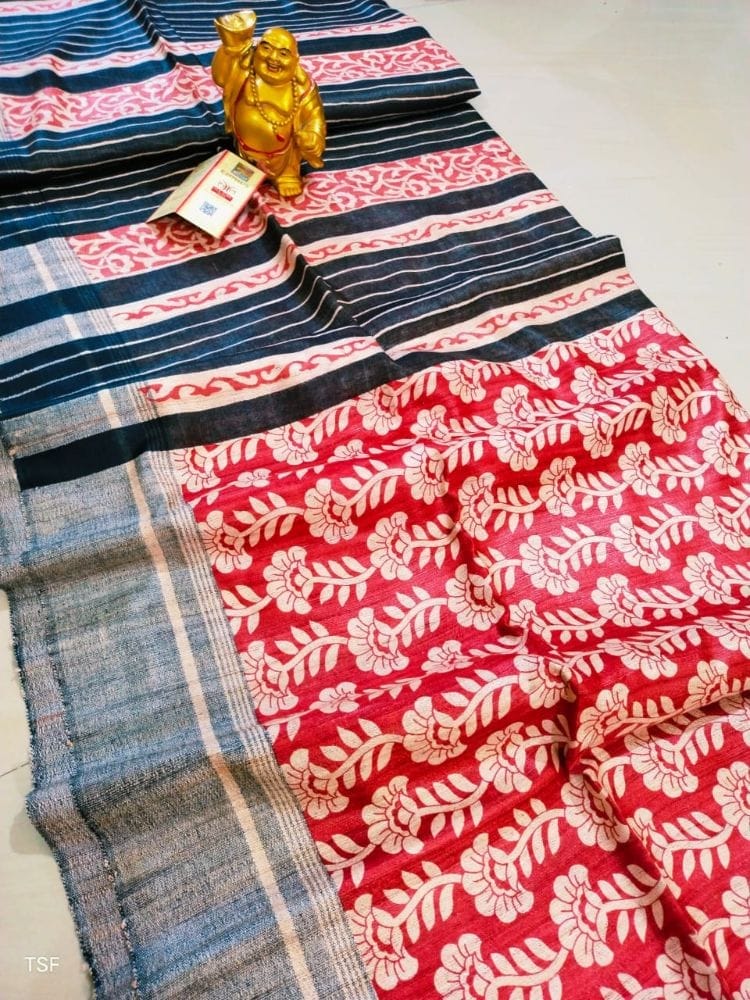 Silkmark Certified Tussar Silk Handloom Handblock Printed Red and Blue Saree with Blouse-9601
