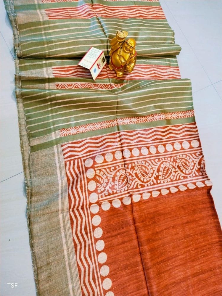Silkmark Certified Tussar Silk Handloom Handblock Printed Orange and Green Saree with Blouse-7502