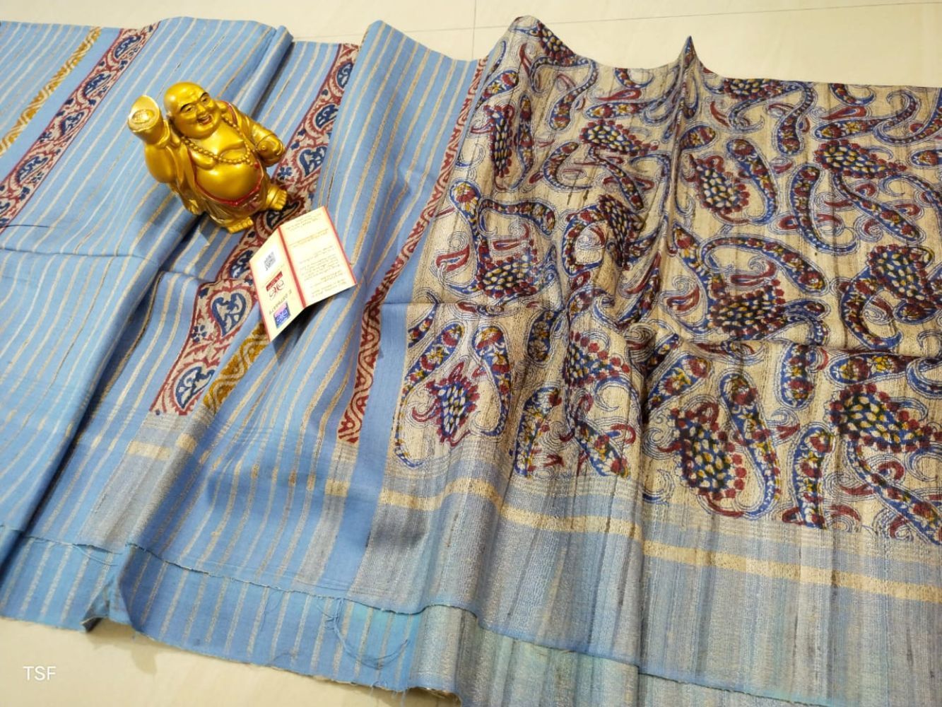 Silkmark Certified Tussar Silk Handloom Handblock Printed Blue Saree with Blouse-1574