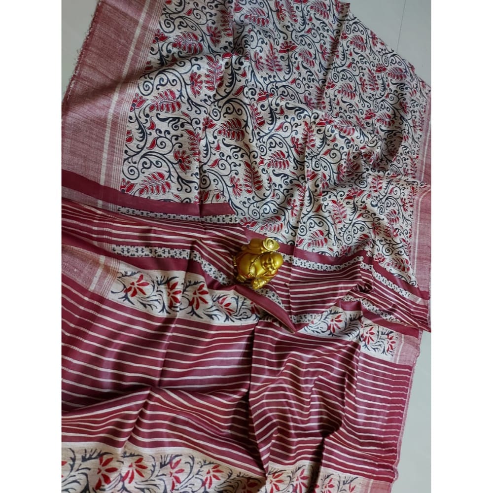 Silkmark Certified Tussar Silk Handloom Handblock Printed Maroon Saree with Blouse-3356