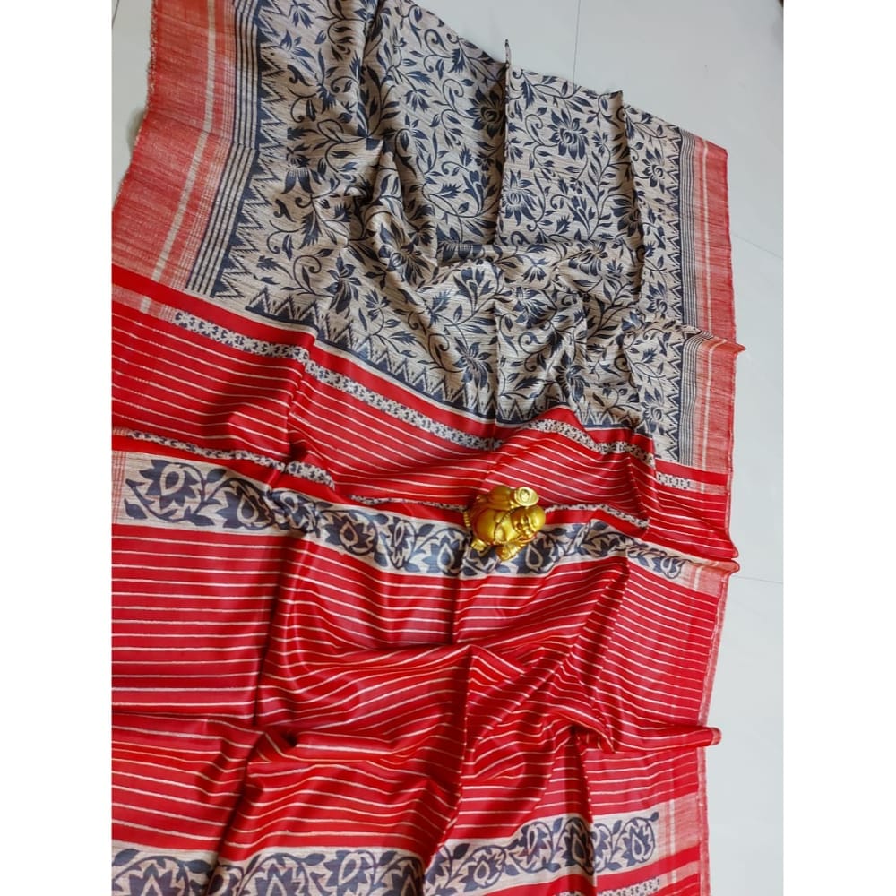 Silkmark Certified Tussar Silk Handloom Handblock Printed Red Saree with Blouse-8750