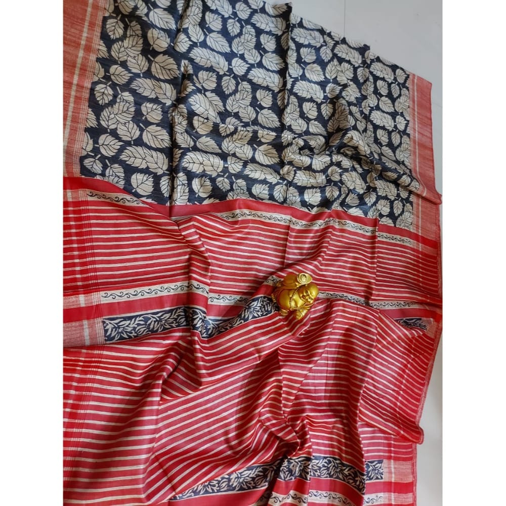 Silkmark Certified Tussar Silk Handloom Handblock Printed Red Saree with Blouse-1883