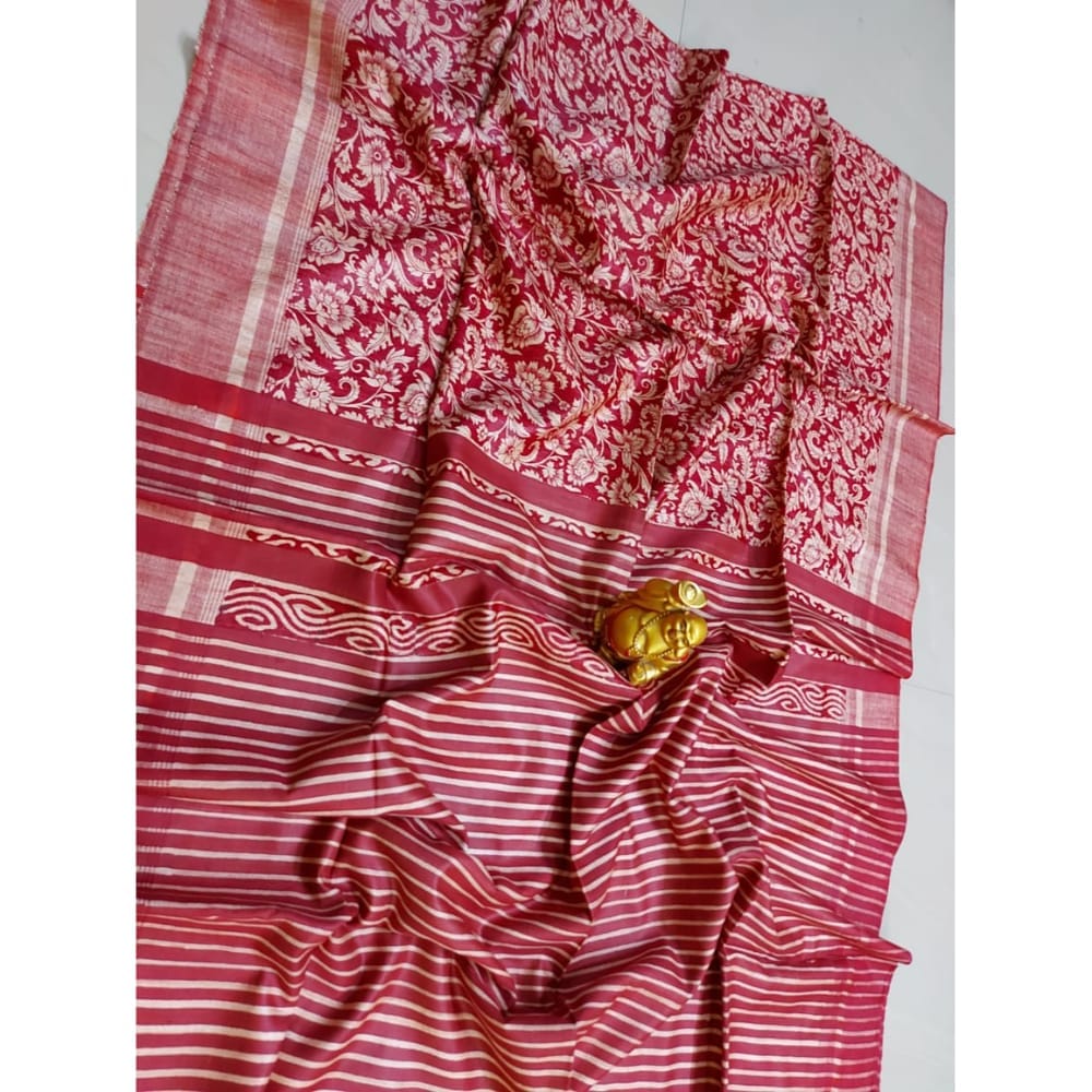 Silkmark Certified Tussar Silk Handloom Handblock Printed Red Saree with Blouse-2585