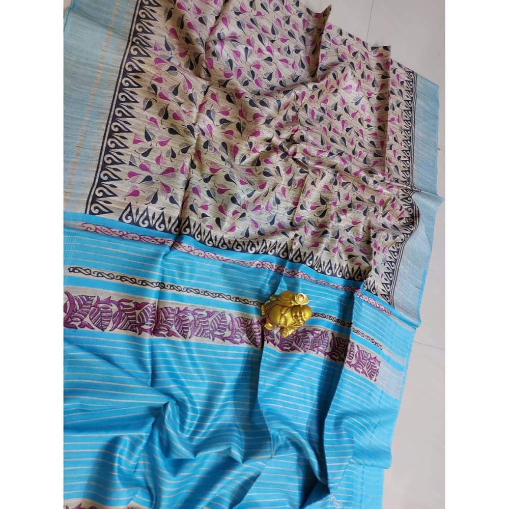 Silkmark Certified Tussar Silk Handloom Handblock Printed Blue Saree with Blouse-1121