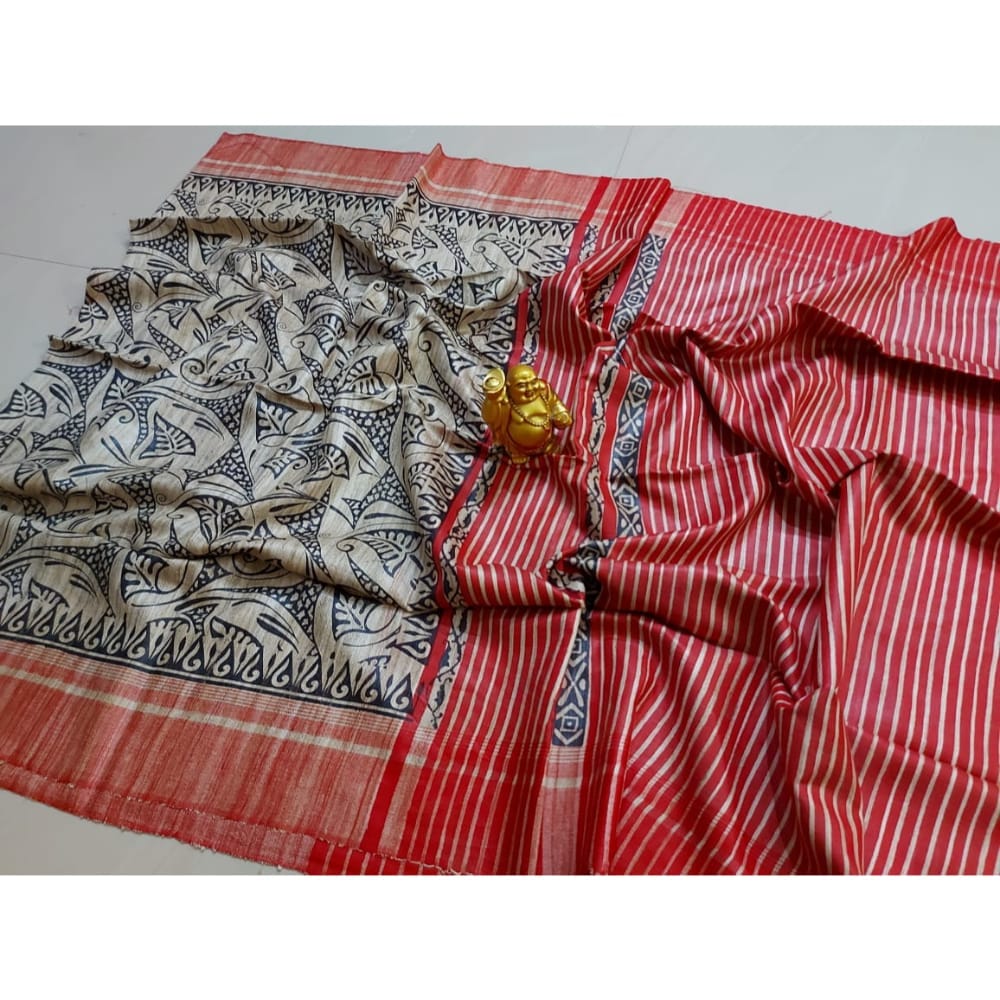 Silkmark Certified Tussar Silk Handloom Handblock Printed Red Saree with Blouse-6997